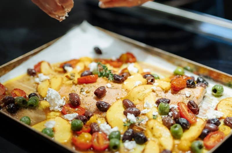 Late Summer Salmon with Peaches and Olives