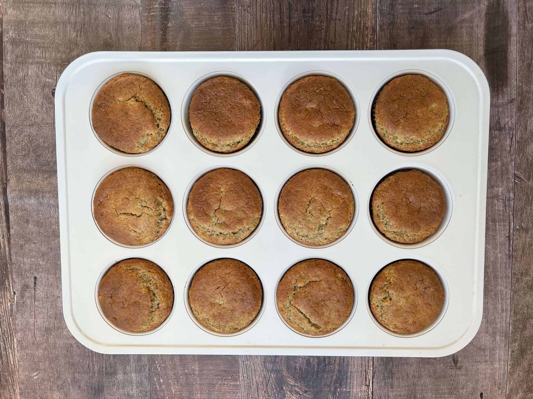 baked banana cardamom muffins in tin