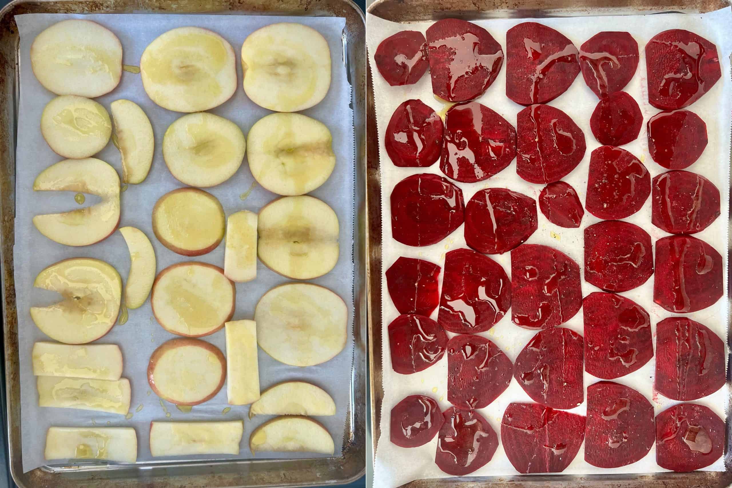 apple and beet slices on baking sheets