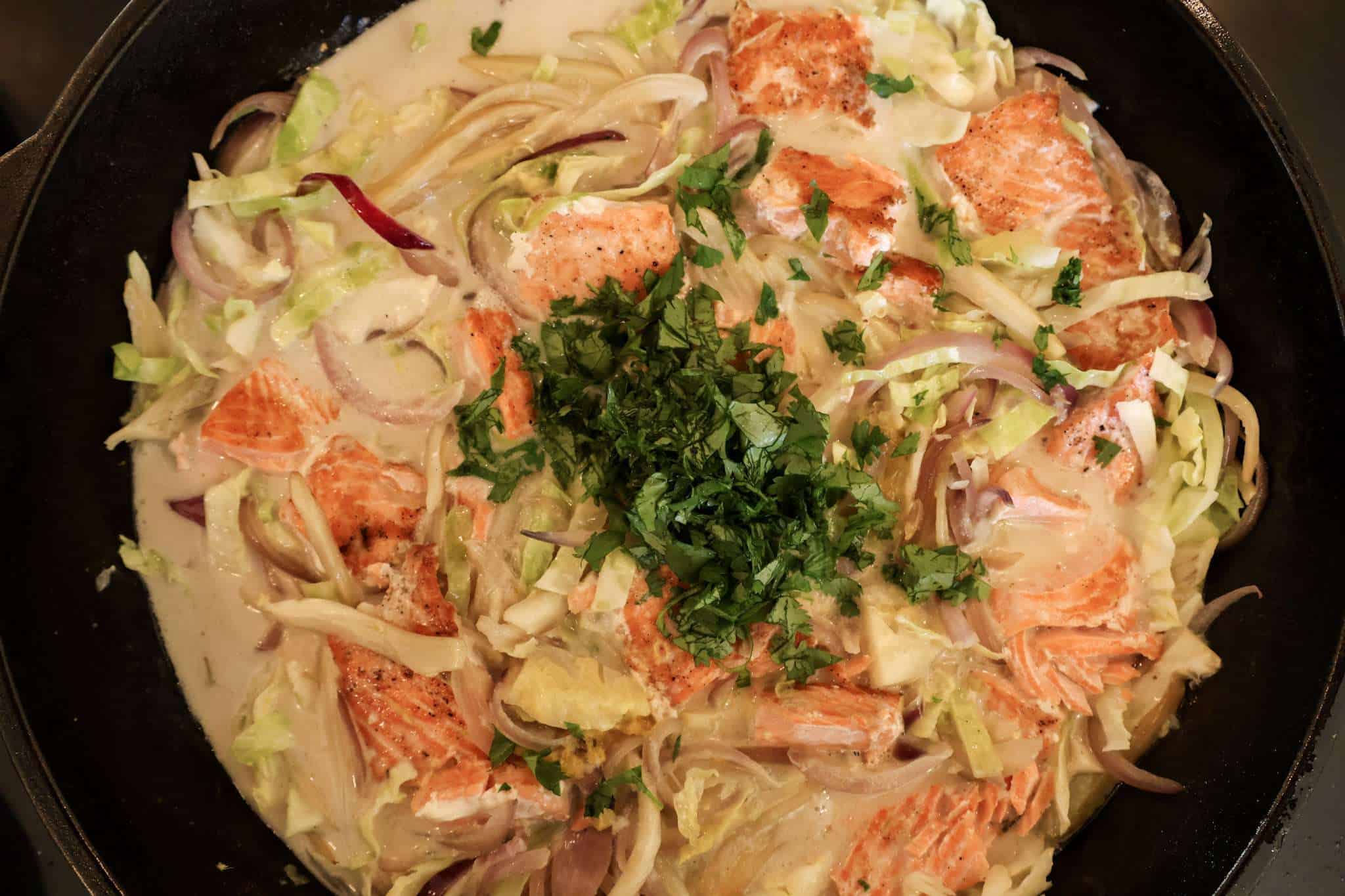 sliced and sauteed red onions, fennel, green cabbage, salmon, ginger and garlic in coconut milk simmering in a cast iron pan and sprinkled with cilantro