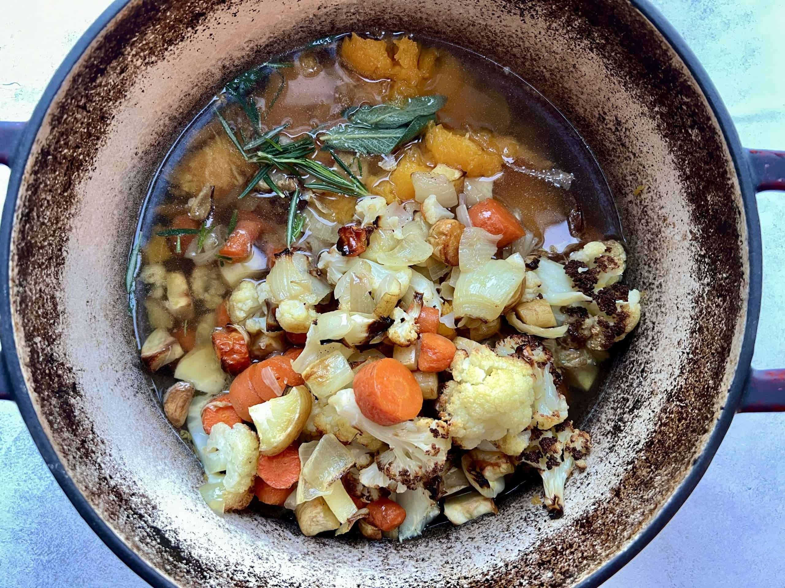 cooked veggies for fall veggie soup in pot