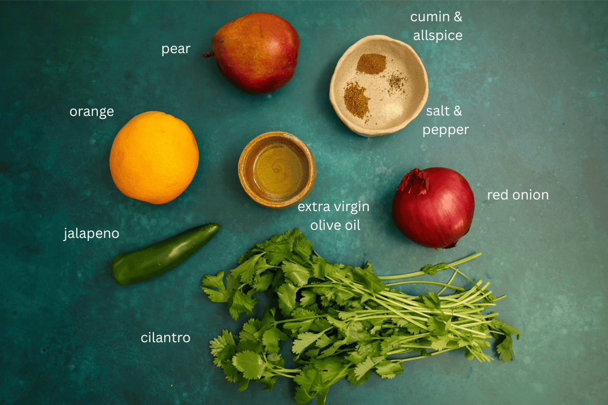 All ingredients for pear salsa are displayed on a turquoise background and labeled