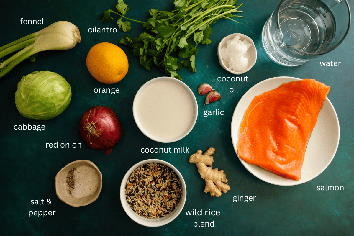All ingredients for wild rice and salmon bowls with fall veggies are placed on a turquoise background and labeled