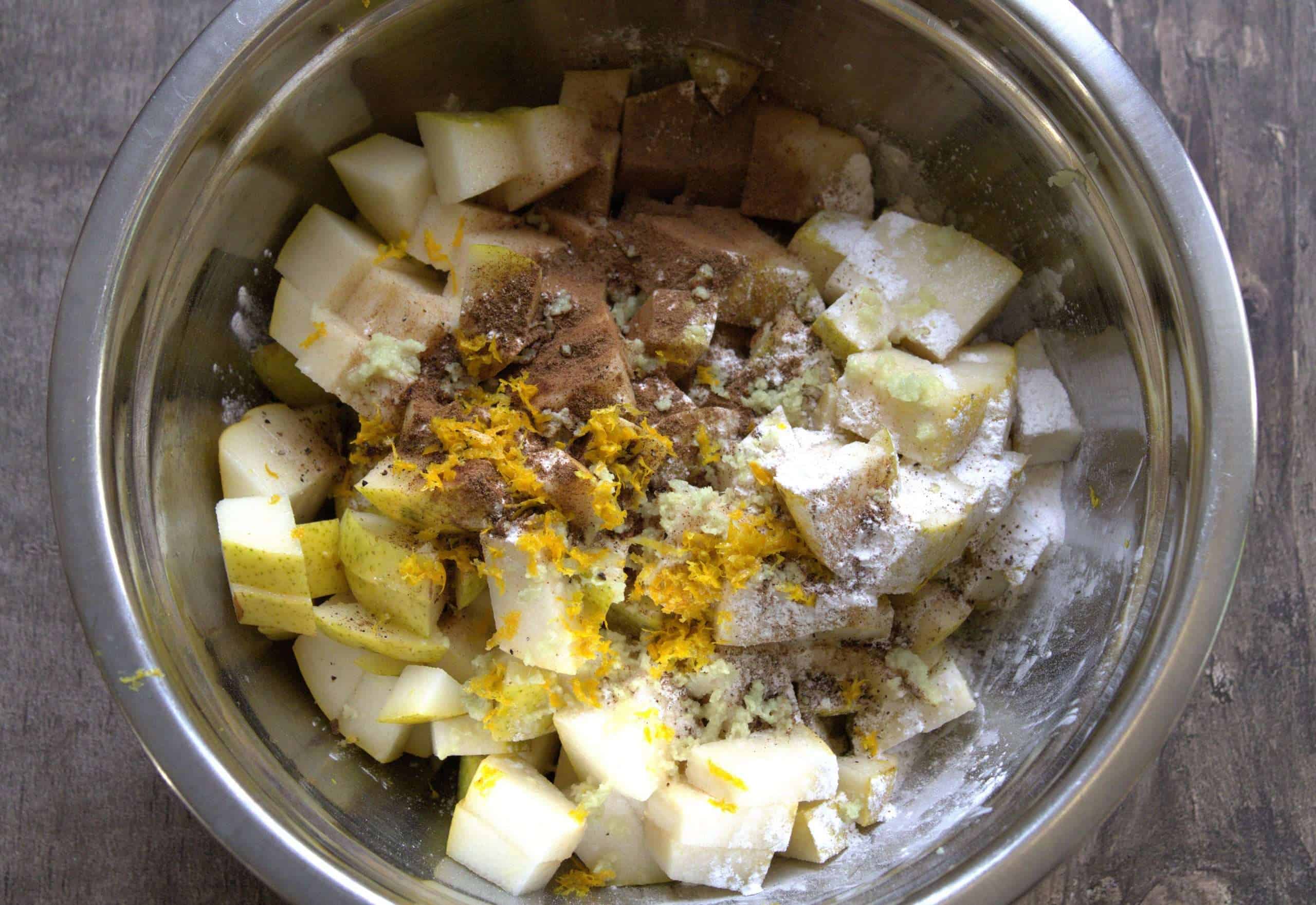 pear crisp filling mixed pear crisp filling in a bowl