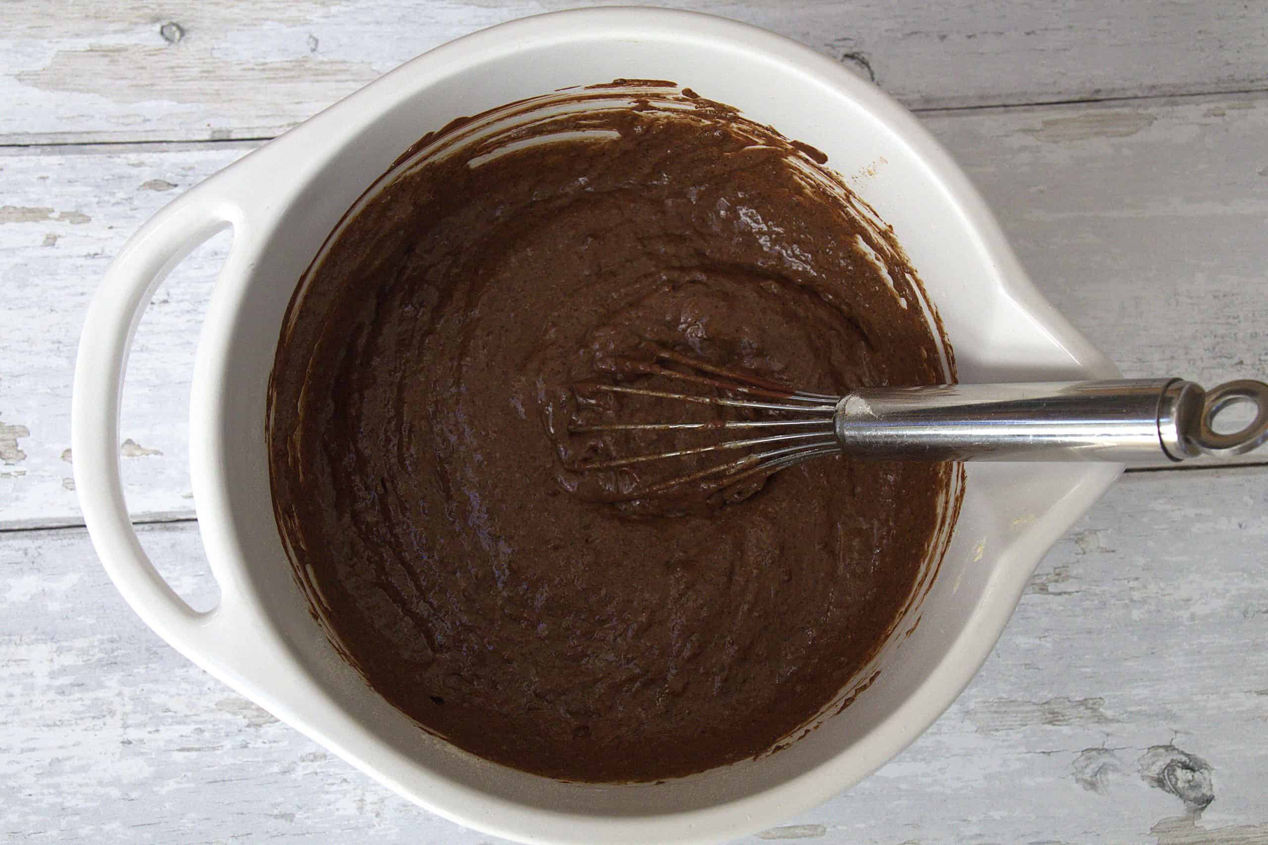 whisked batter for spiced date chocolate muffins in a bowl