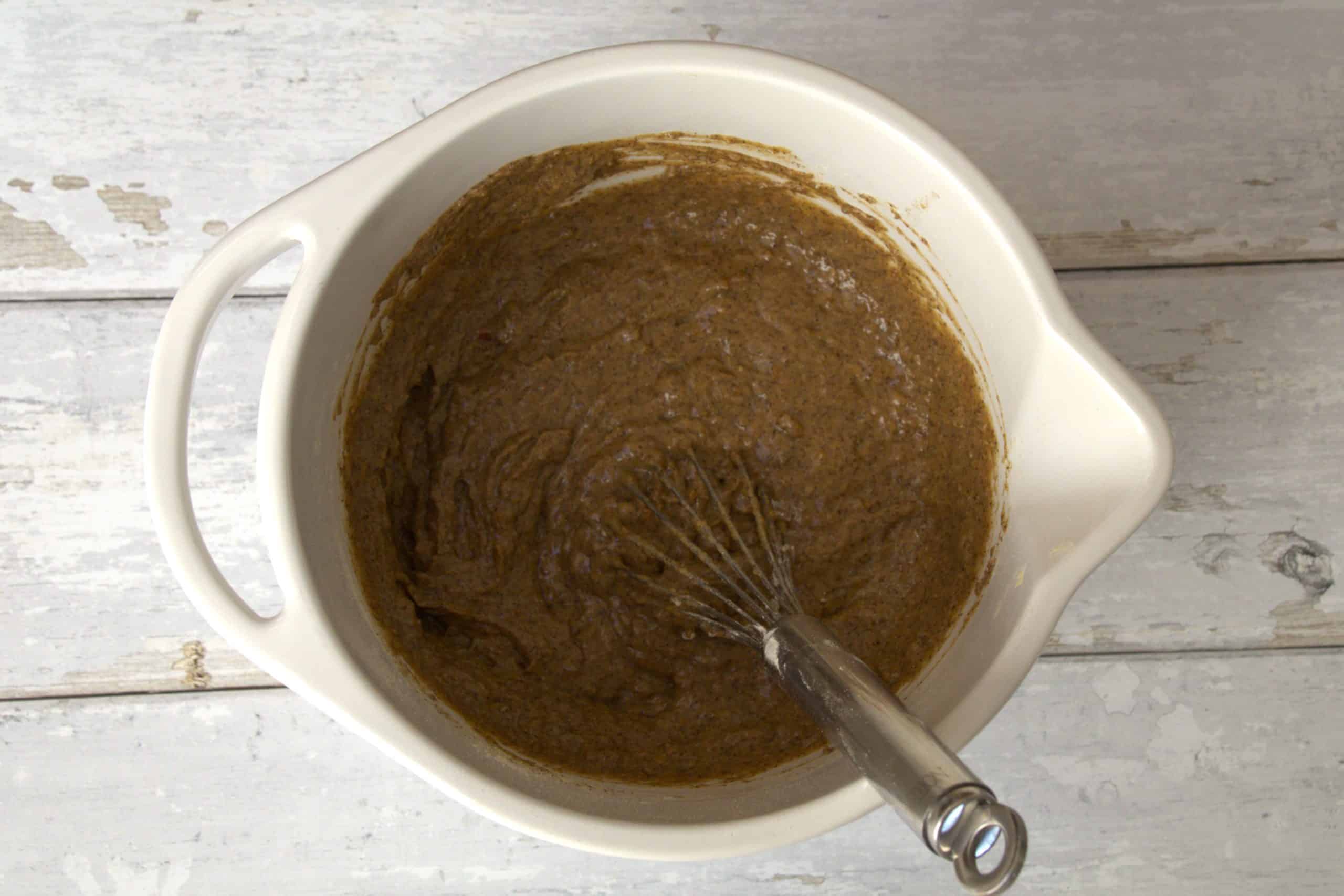 batter for spiced date chocolate muffins without the cacao paste blended together in a bowl
