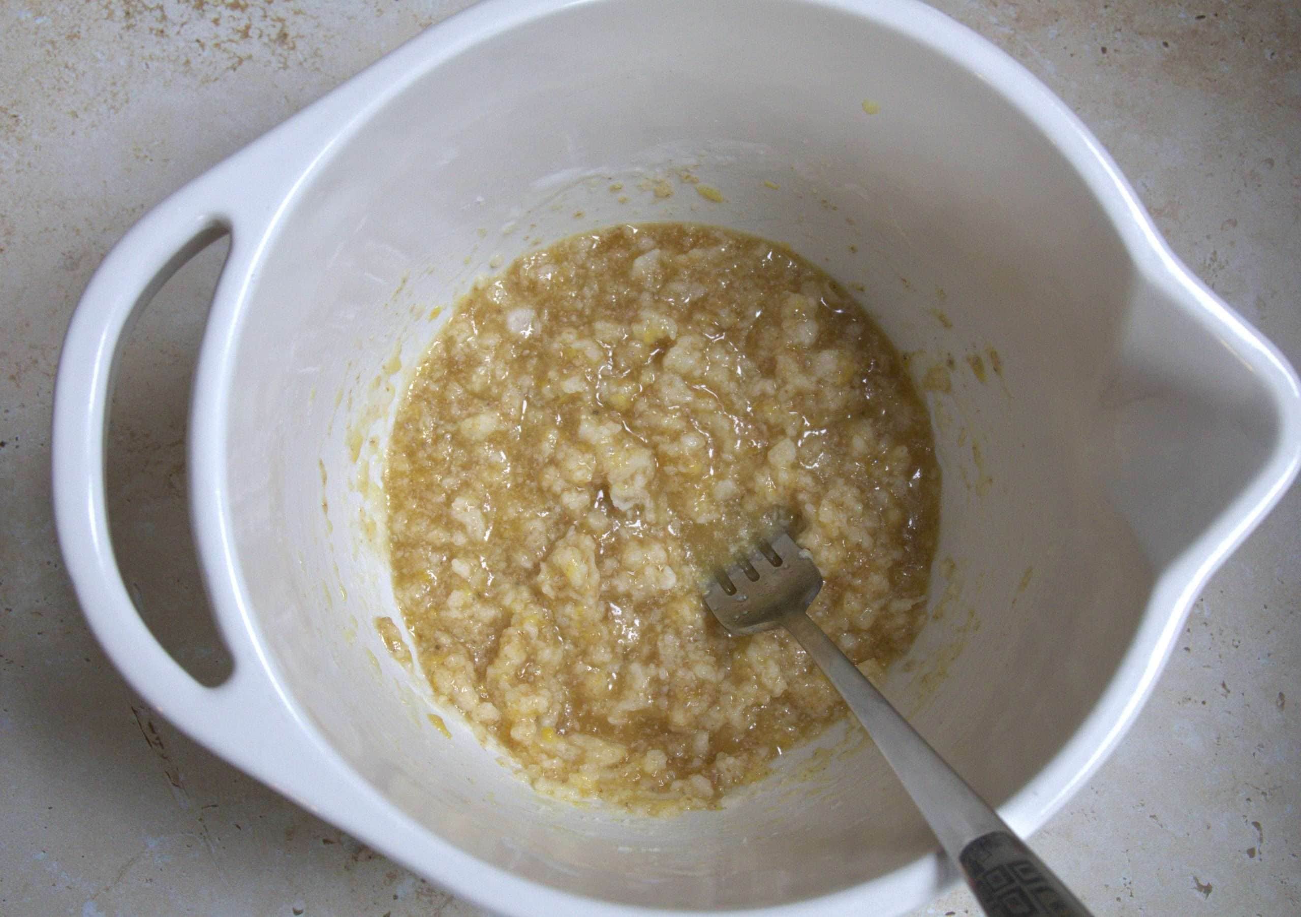 Mashed wet ingredients for GF lemon cookies in a bowl