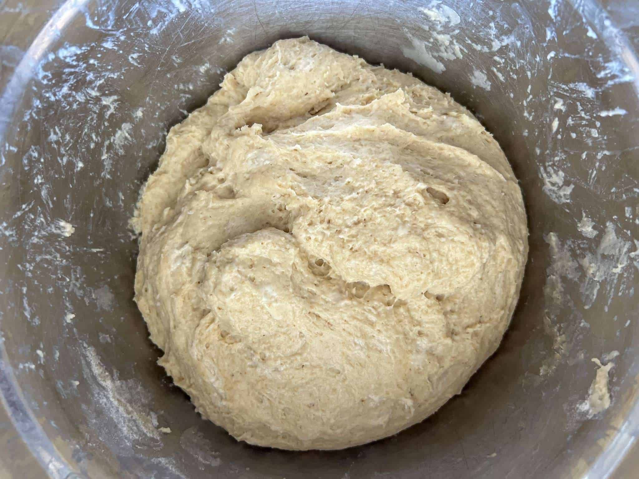 A batch of sourdough dough that has just been mixed can be seen in a metal bowl