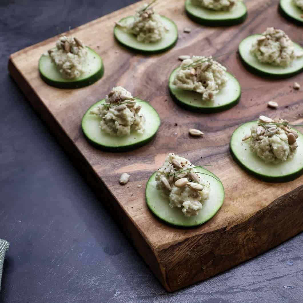 Cucumber Bites with Sunflower, Beet and Fennel Purée