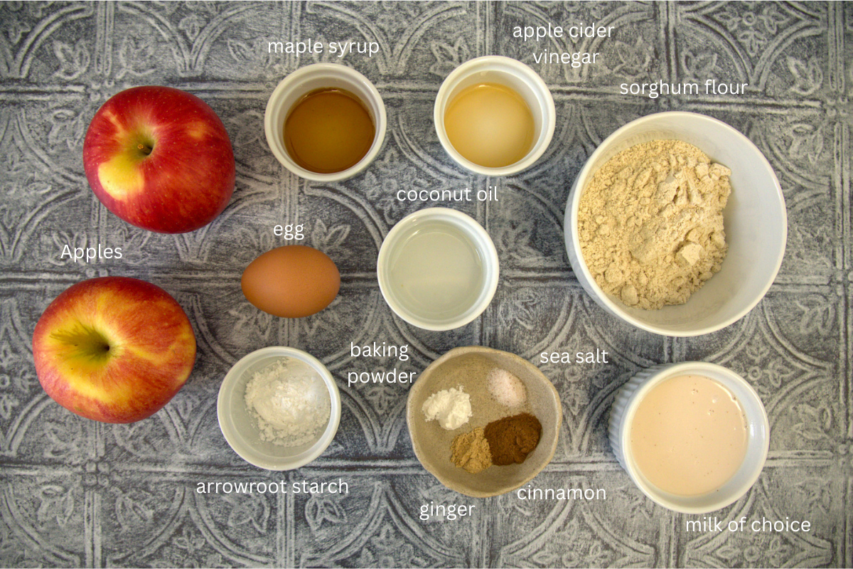 All ingredients for apfelringe are displayed in small bowls and labaled