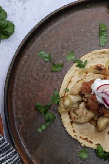 A rustic dark colored plate on a concrete style surface - the plate is topped with a grain-free tortilla with sheet pan chicken and onions, spiced rhubarb chutney, a dollop of coconut yogurt, a sprinkle of cilantro, and radish sliced matchstick size. A tortilla warmer can be seen in the bottom right side of the picture and a small bundle of cilantro is also in the background