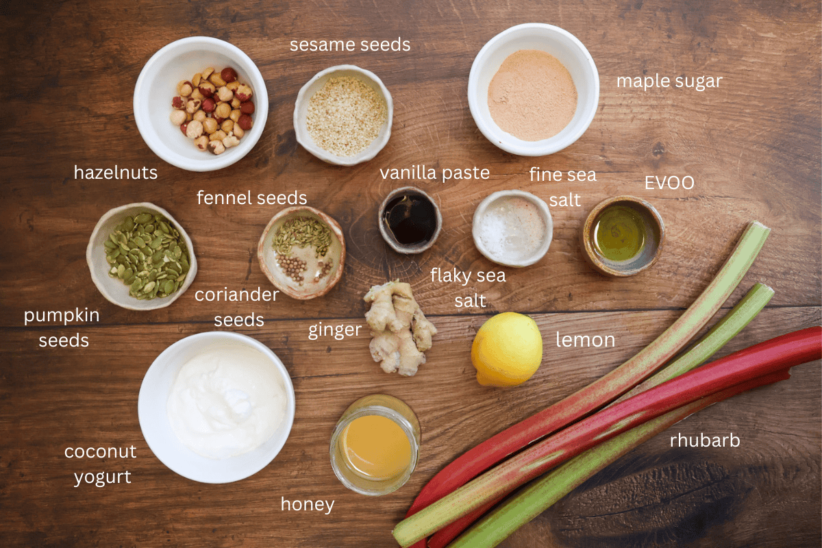 all ingredients for roasted rhubarb with honeyed coconut yogurt and hazelnut dukkah are displayed and labeled