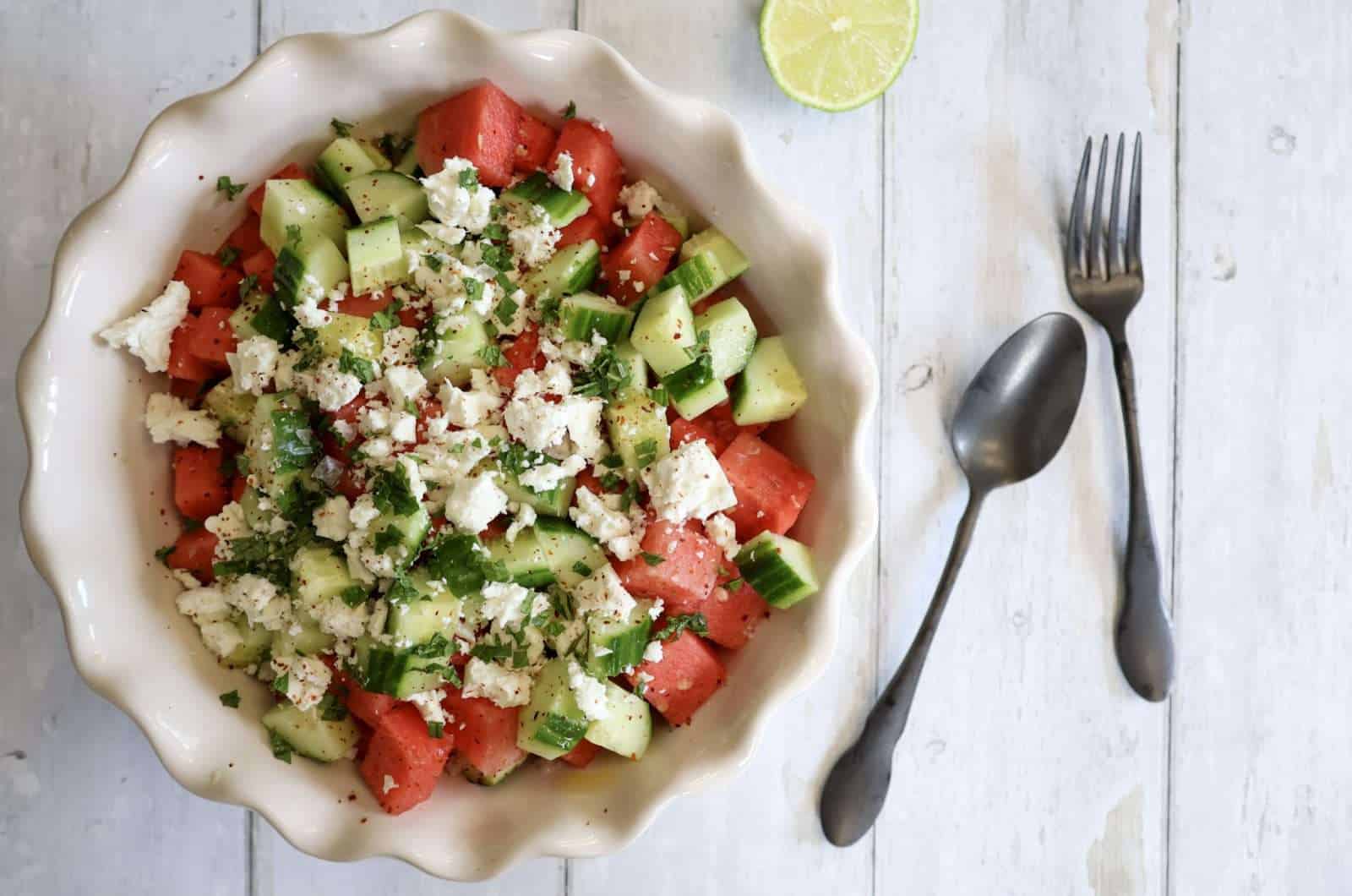 Cucumber and Watermelon Salad with Feta, Mint, and Aleppo Pepper