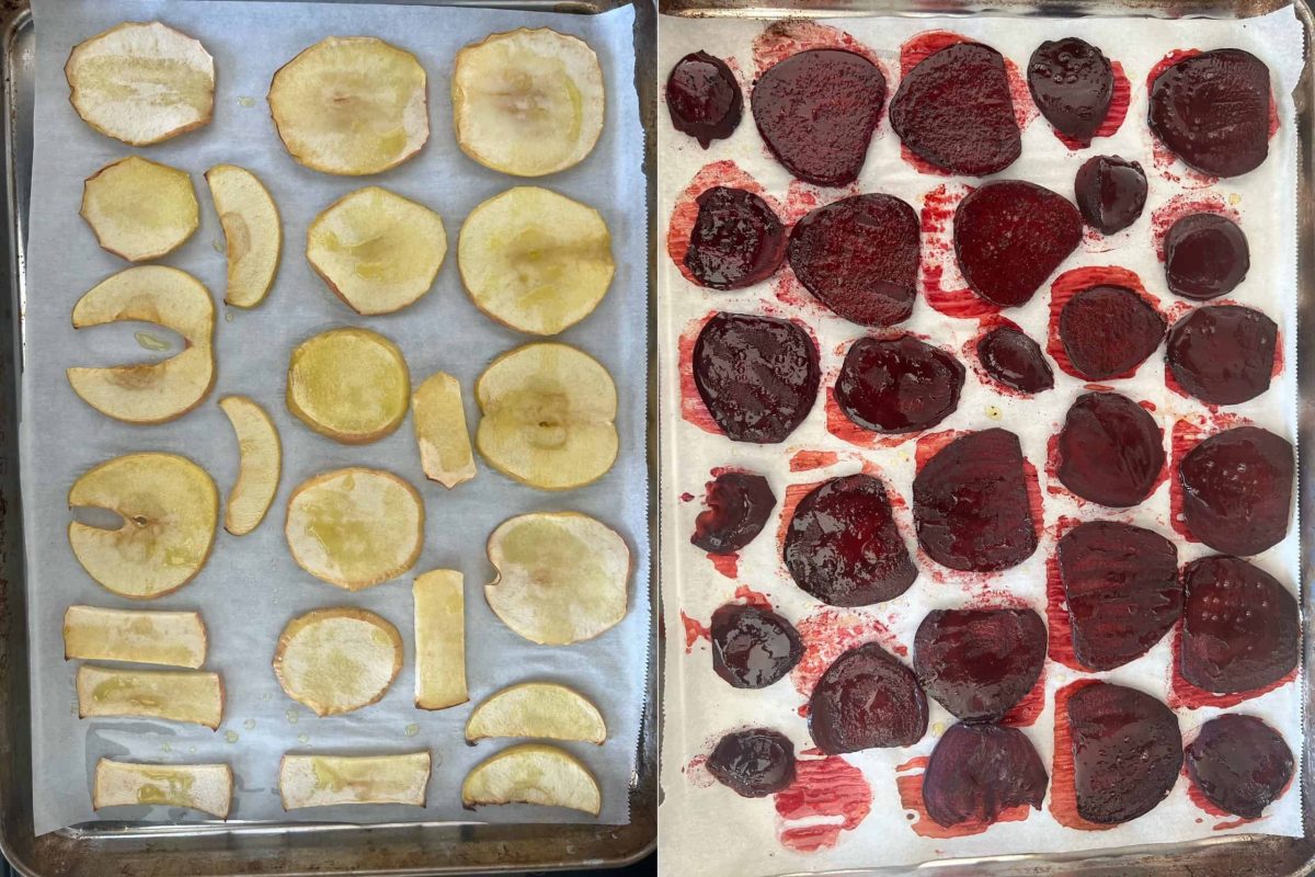roasted apple and beet slices on baking sheets