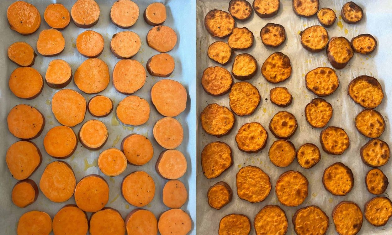 Twp baking sheets side by side with one holding freshly sliced sweet potato slices and the other roasted sweet potato slices